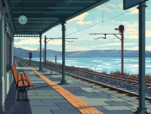 a train station with a bench and a clock on the ceiling