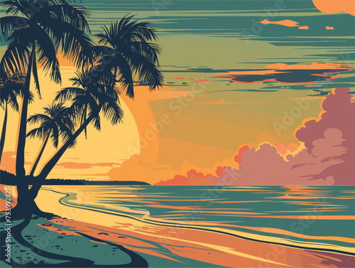 Art of a beach with palm trees silhouetted against a colorful dusk sky