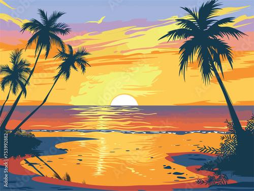Palm trees silhouetted against a radiant sky at sunset over a tropical beach © J.V.G. Ransika