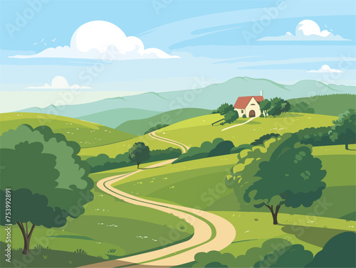 A dirt road winds up to a highland house surrounded by trees