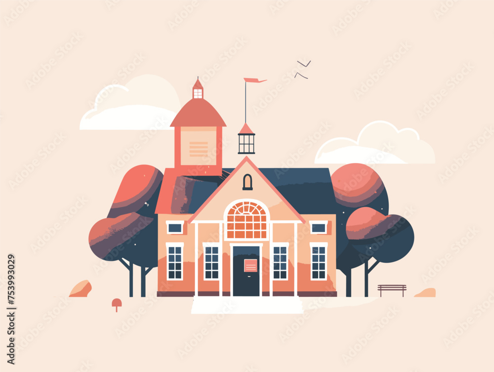 An artful illustration of a school building surrounded by trees An artful illustration of a school building surrounded by trees