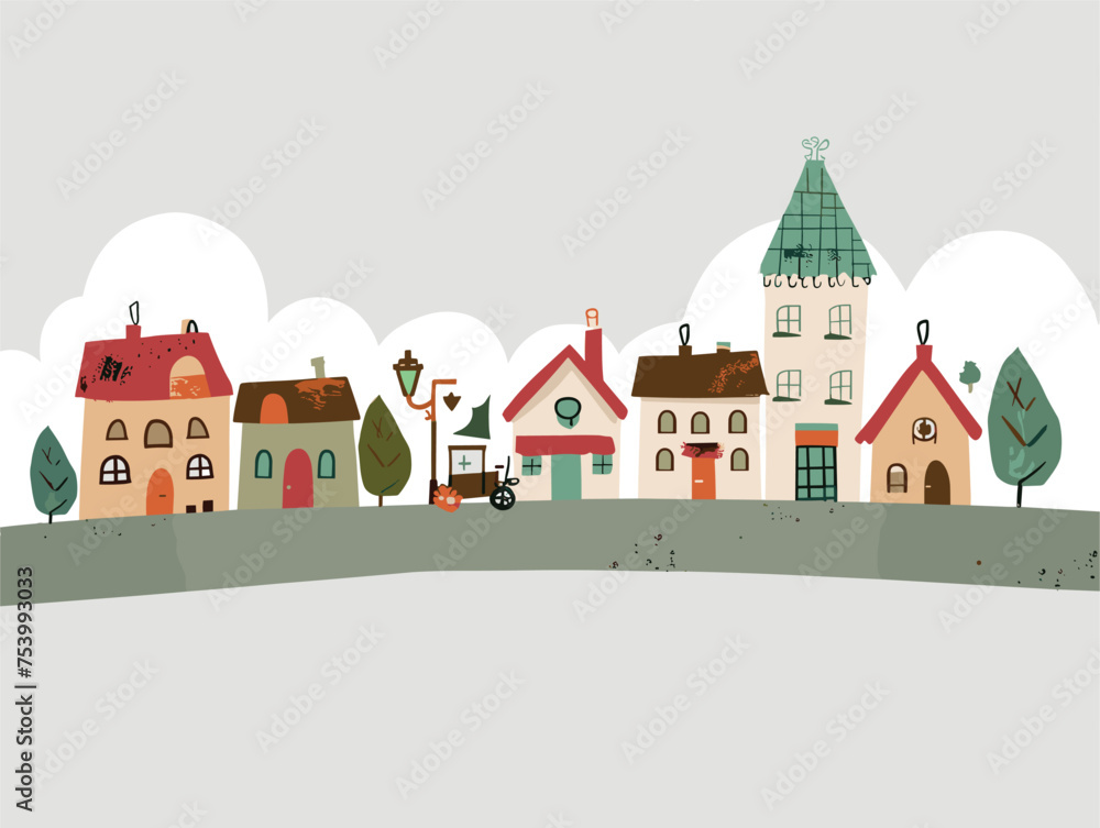 a cartoon illustration of a small town with houses and trees