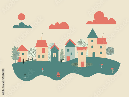An artful depiction of houses on a hill with varying facades and roof patterns