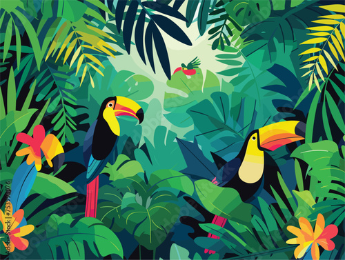 Two toucans perch among lush vegetation in the jungle