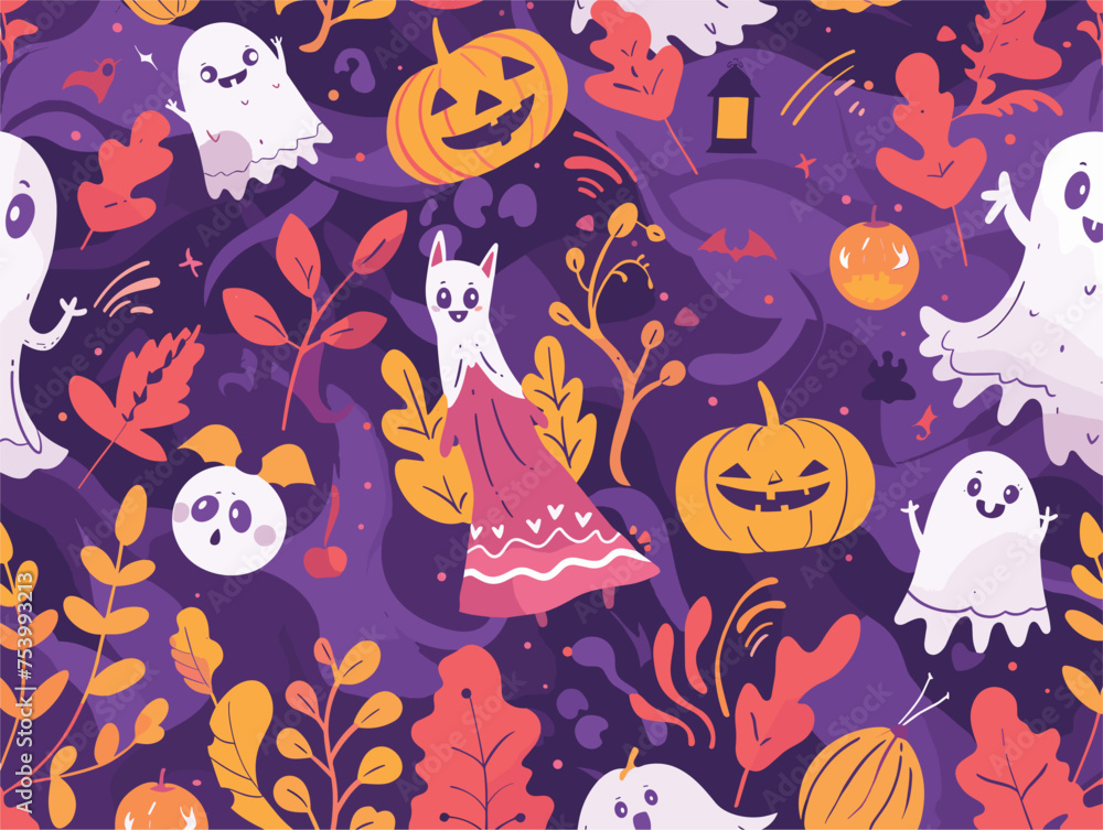 Azure ghostly textile with pumpkins, leaves, cat on purple sleeve art tshirt Azure ghostly textile with pumpkins, leaves, cat on purple sleeve art tshirt
