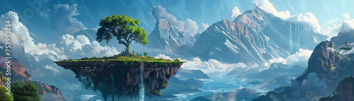 Create a serene landscape featuring a fantasy floating island with towering mountains in the background photo