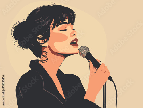 A woman with closed eyes sings into the microphone with emotion