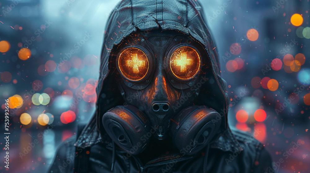 Fashion cyberpunk girl in leather hoodie jacket wears gas mask with protective glasses, filters. Colorful 3d render of human skull with cross in eyes, glowing green wires on night light bokeh in city Fashion cyberpunk girl in leather hoodie jacket wears gas mask with protective glasses, filters. Colorful 3d render of human skull with cross in eyes, glowing green wires on night light bokeh in city