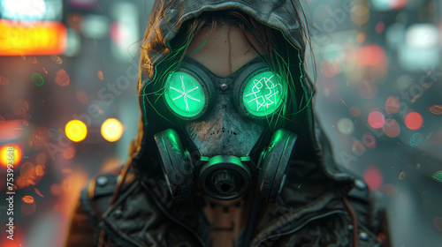 Fashion cyberpunk girl in leather hoodie jacket wears gas mask with protective glasses, filters. Colorful 3d render of human skull with cross in eyes, glowing green wires on night light bokeh in city