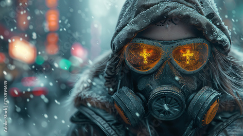 Fashion cyberpunk girl in leather hoodie jacket wears gas mask with protective glasses, filters. Colorful 3d render of human skull with cross in eyes, glowing green wires on night light bokeh in city photo