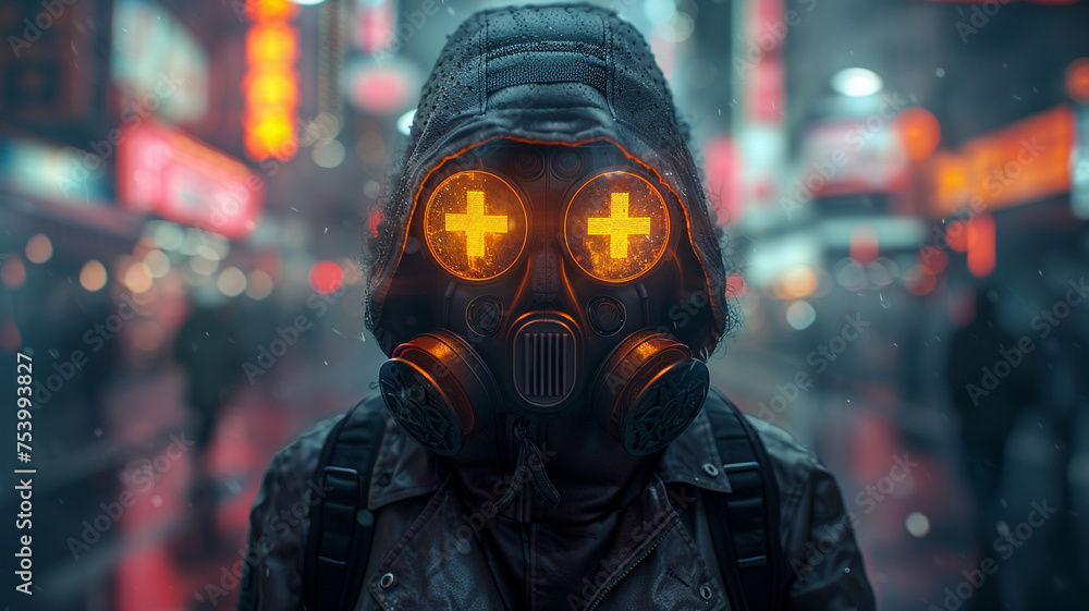 Fashion cyberpunk girl in leather hoodie jacket wears gas mask with protective glasses, filters. Colorful 3d render of human skull with cross in eyes, glowing green wires on night light bokeh in city Fashion cyberpunk girl in leather hoodie jacket wears gas mask with protective glasses, filters. Colorful 3d render of human skull with cross in eyes, glowing green wires on night light bokeh in city