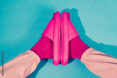 man wearing pink socks and sandals photo