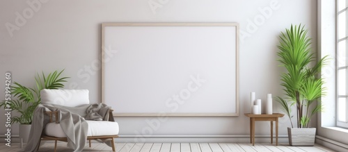 A white room contains a single white chair positioned near a white poster on the wall. The minimalistic design of the room creates a sense of simplicity and cleanliness.