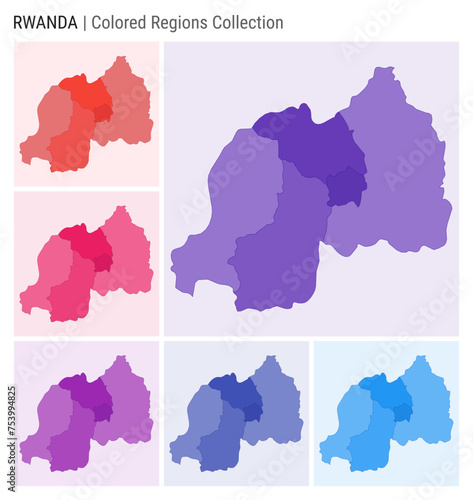 Rwanda map collection. Country shape with colored regions. Deep Purple  Red  Pink  Purple  Indigo  Blue color palettes. Border of Rwanda with provinces for your infographic. Vector illustration.