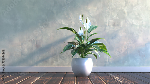 A white plant in a white vase sits on a wooden floor photo