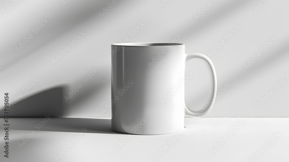 Obraz premium A blank coffee mug mockup on a white background, with details of the mug's simple design, the background's clean lines, and the surrounding shadows.