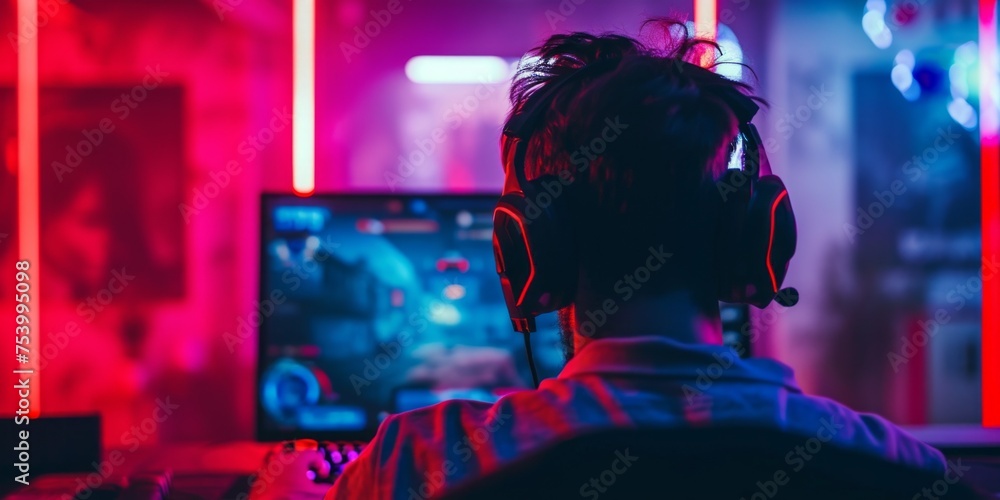 Back view Teenage boy playing online video games with headphones on his head.