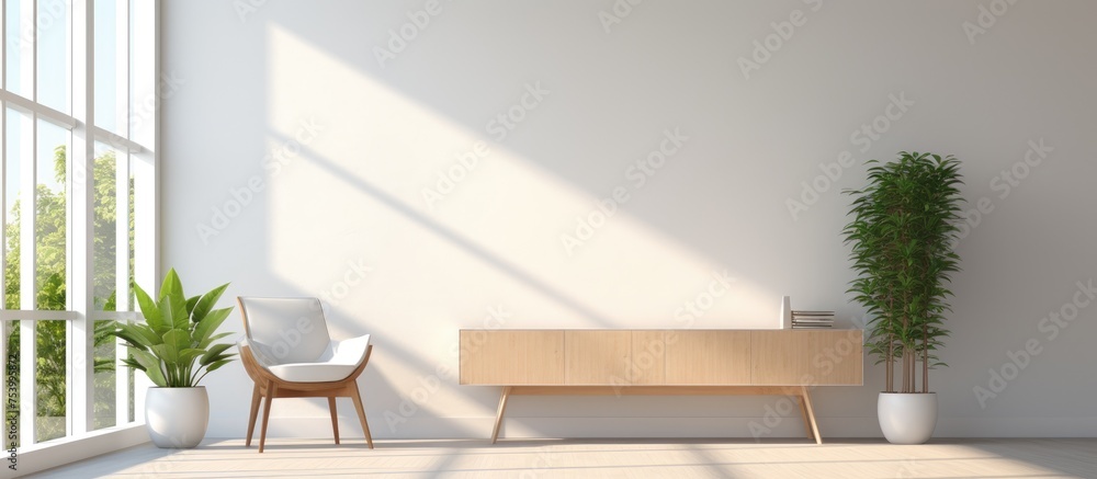 A white room with natural lighting pouring in through large windows. In the room, there is a wooden bench surrounded by potted plants, creating a simple yet elegant atmosphere. A white room with natural lighting pouring in through large windows. In the room, there is a wooden bench surrounded by potted plants, creating a simple yet elegant atmosphere.