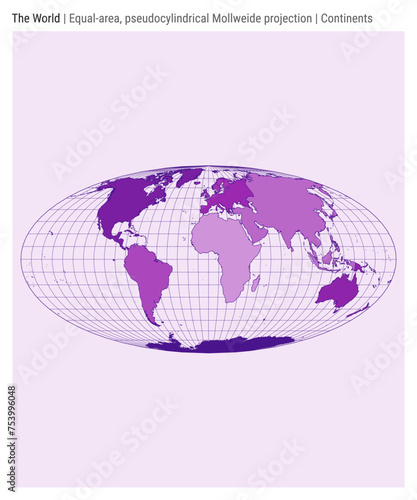 World Map. Equal-area, pseudocylindrical Mollweide projection. Continents style. High Detail World map for infographics, education, reports, presentations. Vector illustration.