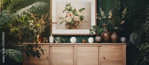 A dresser in a retro home interior is adorned with various plants in stylish pots, creating a cozy and minimalistic decor. The plants add a touch of greenery to the vintage cupboard, enhancing the