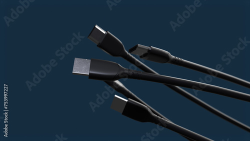 3D Abstract Video HDMI cable spinning on dark blue background. photo