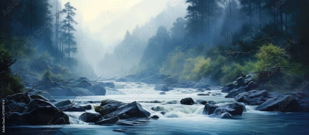 A painting depicting a majestic river flowing through a dense forest. The river is the focal point, surrounded by lush green trees and a mysterious mist hovering over the water. A painting depicting a majestic river flowing through a dense forest. The river is the focal point, surrounded by lush green trees and a mysterious mist hovering over the water.