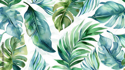 A painting of green leaves with a blue background