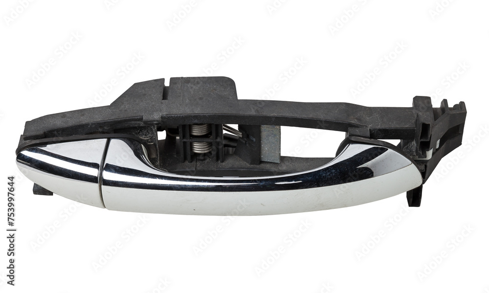 Spare part and body element outer handle of opening a door from a car on a white isolated background. Auto service industry. Spare part and body element outer handle of opening a door from a car on a white isolated background. Auto service industry.