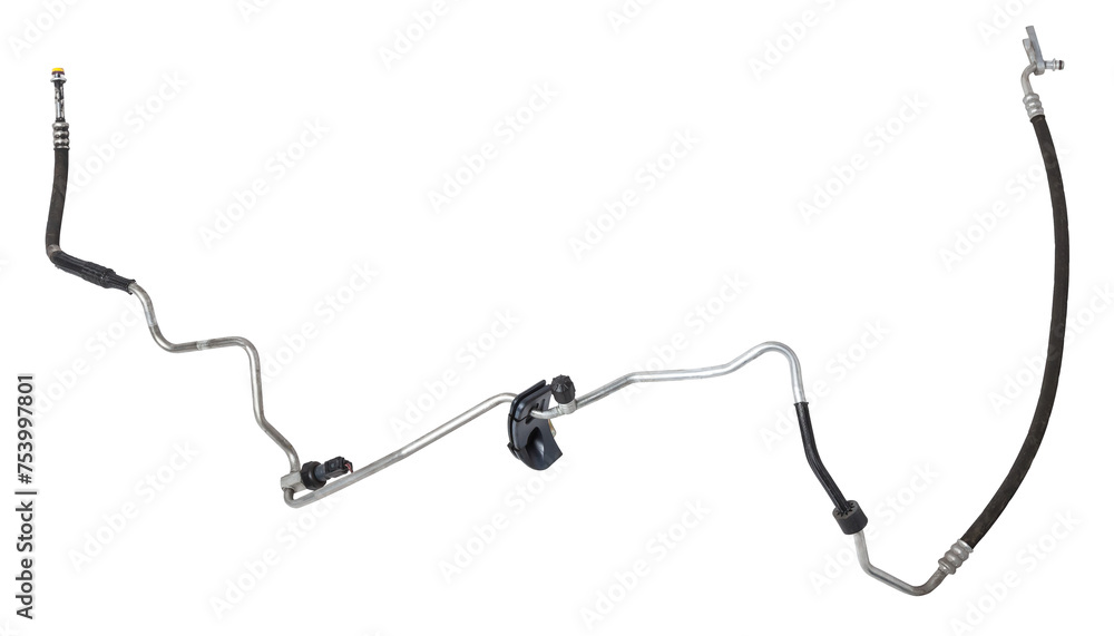 Fototapeta premium Air conditioning hose for supplying refrigerant or oil for cooling air or heated parts of cars and trucks on a white isolated background. Auto parts catalog.
