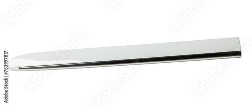 plastic molding with chrome for car side fender - tuning element for sale in a car service on a white isolated background in a photo studio.