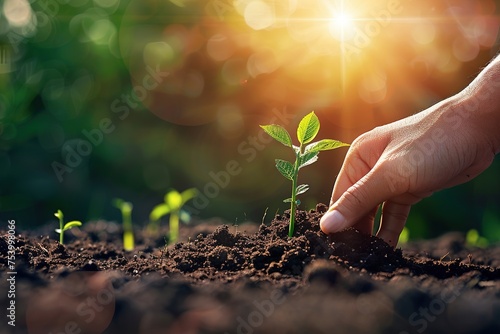 A photorealistic close-up of a person's hand planting a small tree sapling in fertile soil. Depict the scene bathed in warm sunlight, symbolizing investment in a greener future.