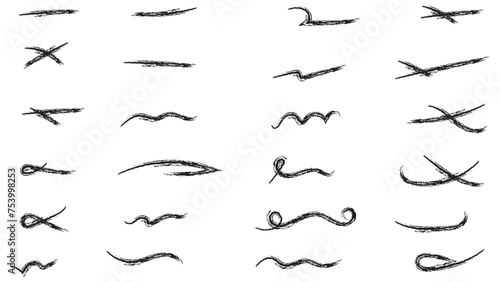 Grunge scrawls, charcoal scribbles, rough brush strokes, underlines strikethroughs. Bold charcoal freehand stripes and ink shapes. Crayon or marker scribbles. brush stroke. Vector illustration