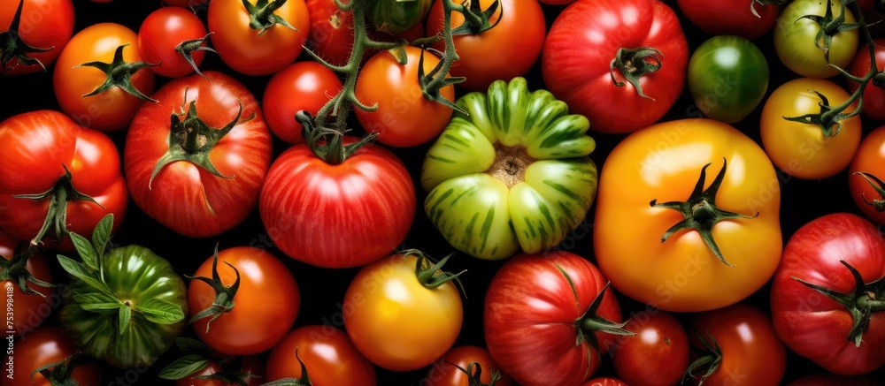 A large group of farm-grown tomatoes is displayed, showcasing a variety of colors such as vibrant red and bright green. The tomatoes are arranged closely together, creating a visually interesting and