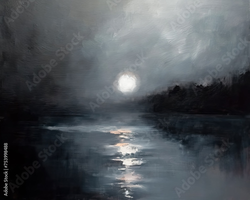 Dark Landscape Under the Moonlight, Lake Forest, Moody Oil Painting