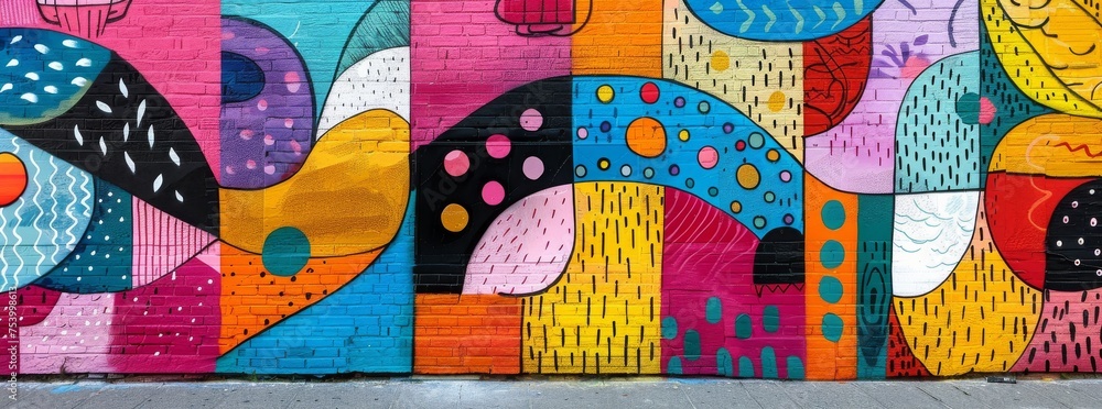 Abstract urban street art with colorful wave patterns and organic shapes on a city wall.
