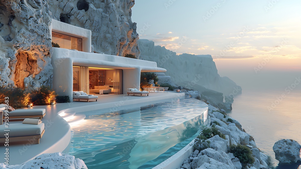Beautiful images of homes and hotels on the hillsides of Santorini Greece - obrazy, fototapety, plakaty 