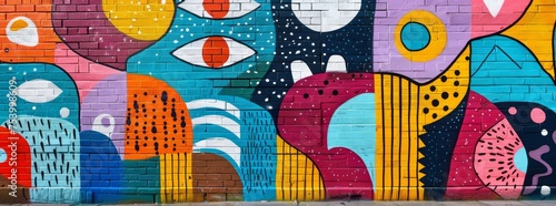 Abstract urban street art with colorful wave patterns and organic shapes on a city wall.