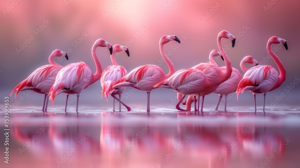 A line of elegant flamingos standing in water with a soft, rosy glow of the setting sun. - obrazy, fototapety, plakaty 