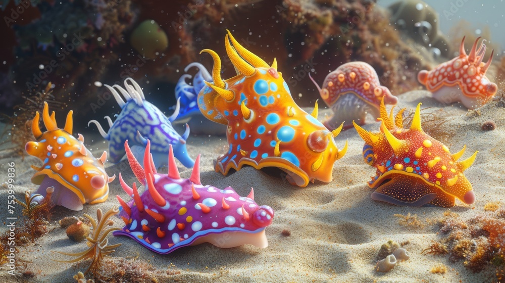 Colorful nudibranchs in a marine landscape, showcasing underwater diversity. Colorful nudibranchs in a marine landscape, showcasing underwater diversity.