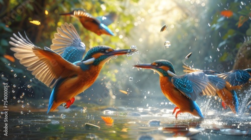Kingfishers in flight over water, splashing with a bokeh light effect in the background.