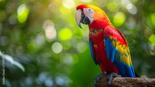 Scarlet macaw perched in a tropical forest, showcasing vibrant wildlife and nature.