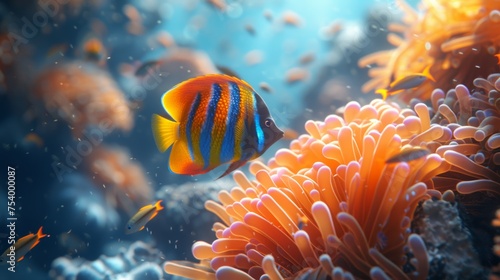 Regal angelfish in coral reef with vibrant anemones, ideal for marine life projects.