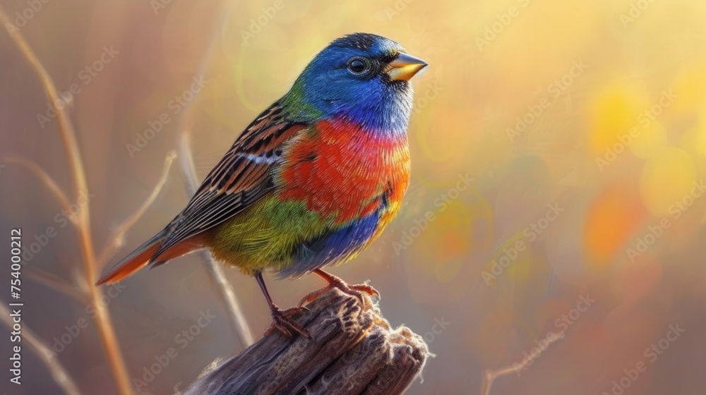 Painted bunting on a wooden stump against soft-focus background for wildlife settings. Painted bunting on a wooden stump against soft-focus background for wildlife settings.