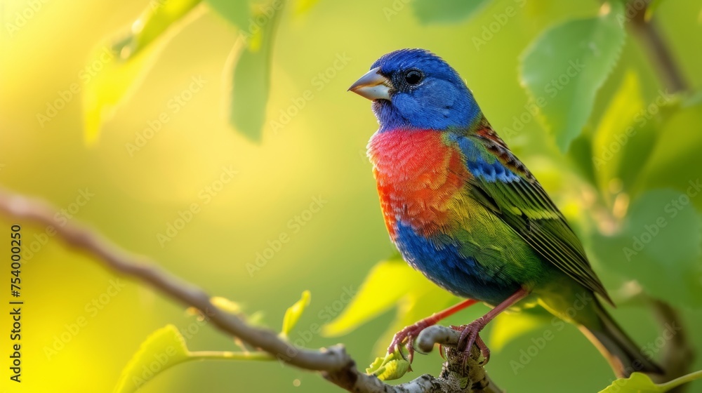 Painted bunting perched on a branch with green leaves, perfect for springtime wildlife. Painted bunting perched on a branch with green leaves, perfect for springtime wildlife.