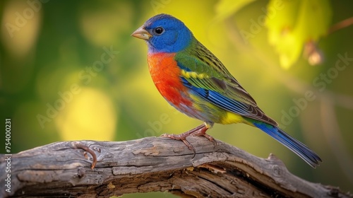 Bright painted bunting standing on a weathered log, ideal for natural world concepts.