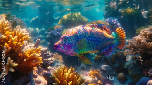 Vibrant parrotfish among coral reefs in sunlit tropical waters, ideal for marine life themes. © Liana