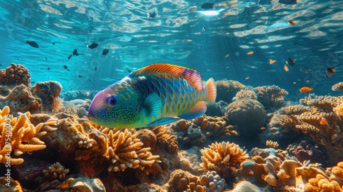 Vivid fish in coral reef with sun rays penetrating water.