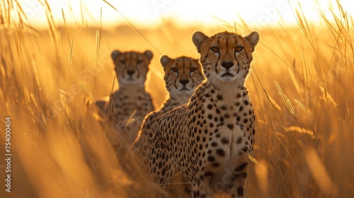 Three cheetahs poised in golden savannah grasses during a vibrant sunset.