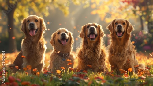 Four golden retrievers sitting in a flower field, displaying joyful expressions.