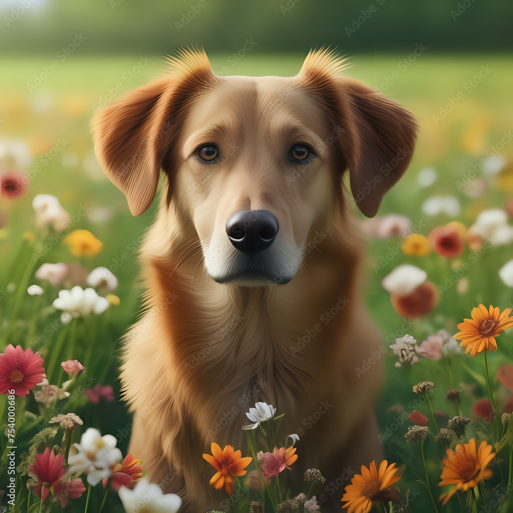 dog in a field of flowers with a green background - generated by ai dog in a field of flowers with a green background - generated by ai